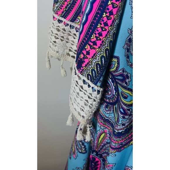 Lady's World Multi color OFF SHOULDER Boho Gypsy  3/4 Sleeve fringe trim fairy L - Picture 2 of 7